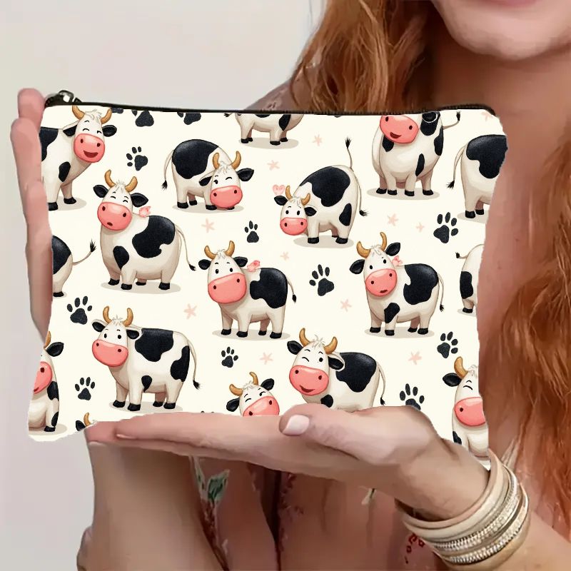 TEMU 1pc, A Cute Cow Print Makeup Bag With A Zipper Closure - A Lightweight Travel Cosmetics Organizer, Made From Durable Fabric That Maintains Its