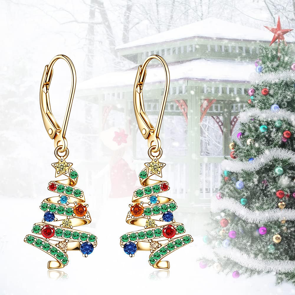 TEMU Earrings Exquisite Colorful Synthetic Zirconia Christmas Tree Earrings Ribbon Tree For Women Daily Party And Holiday Stylish Jewelry Gifts