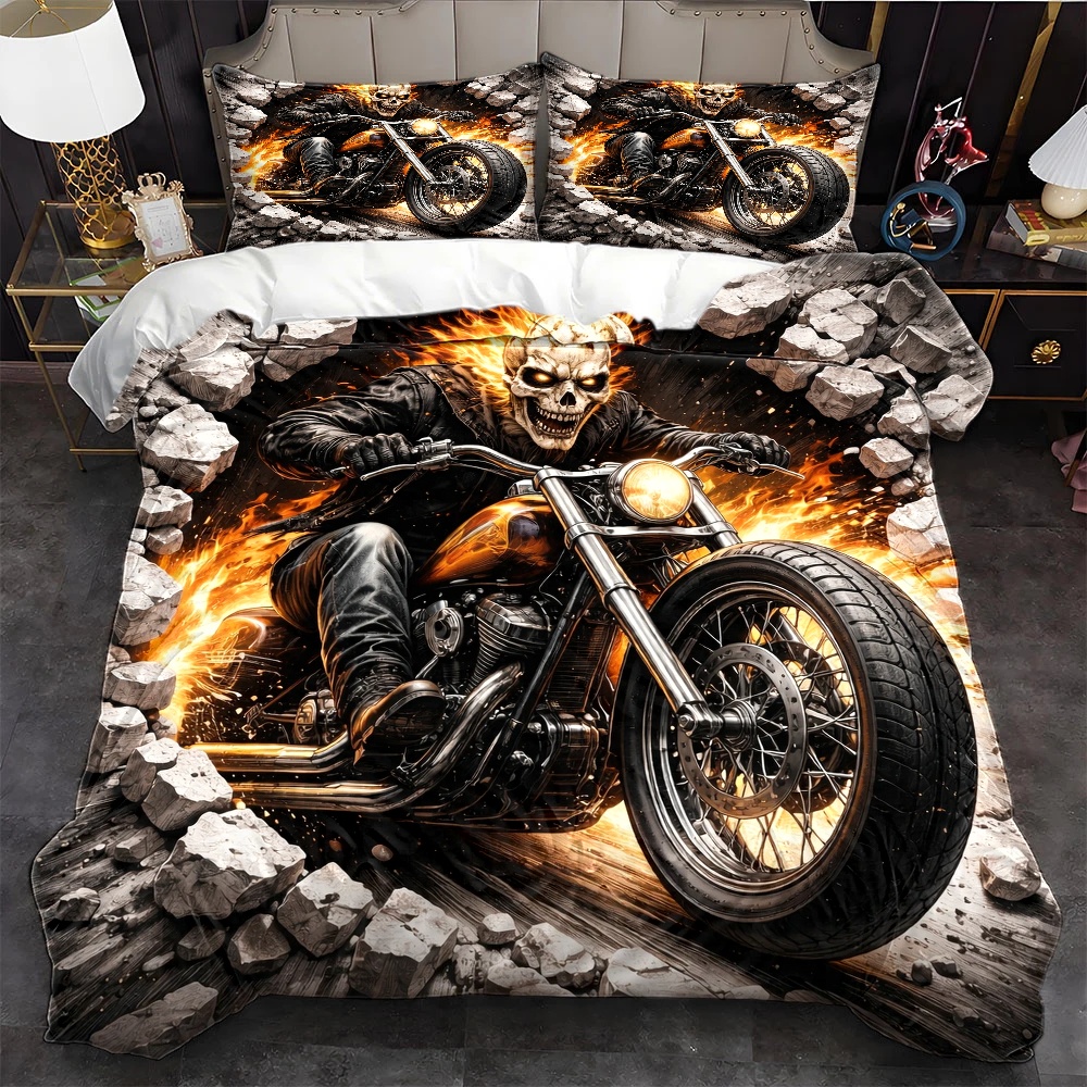 TEMU 3pcs Rider Flaming Motorcycle Wall-breaking Themed Duvet Cover Set, Bedding 3pcs Set (1*duvet Cover   2*pillowcases), Suitable For , Machine