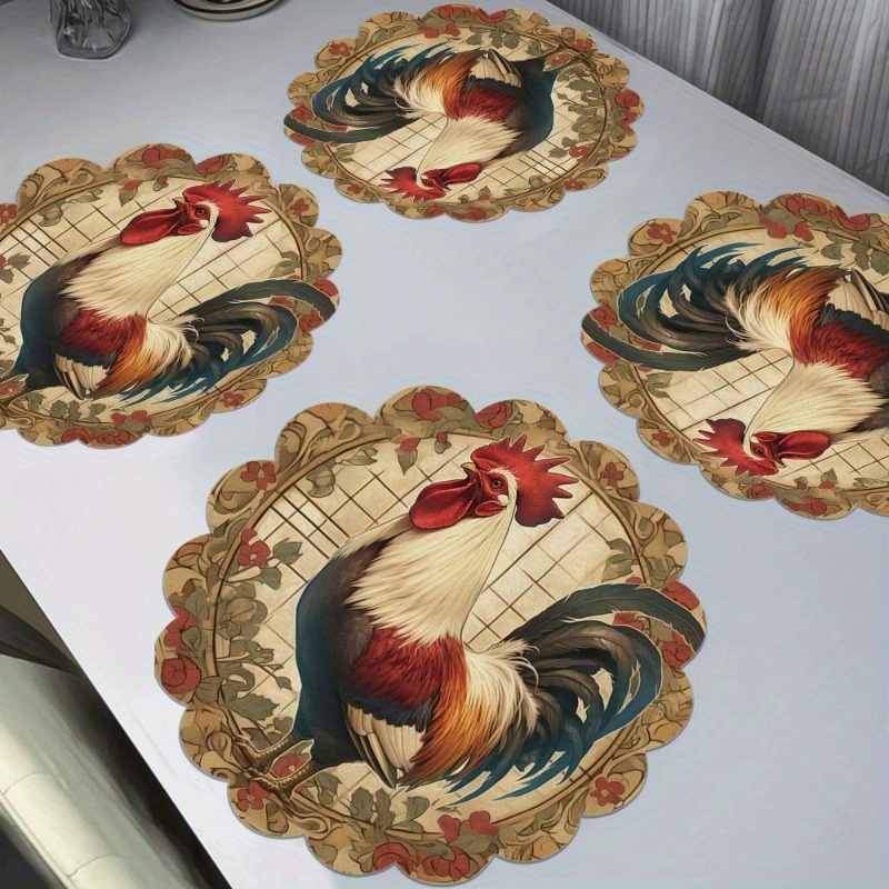 TEMU Collection Of 4 Rustic Rooster Table Mats - 15" Circular Heat-resistant Non-slip Mats, Vibrant Rooster And Flower Pattern, Dining Room