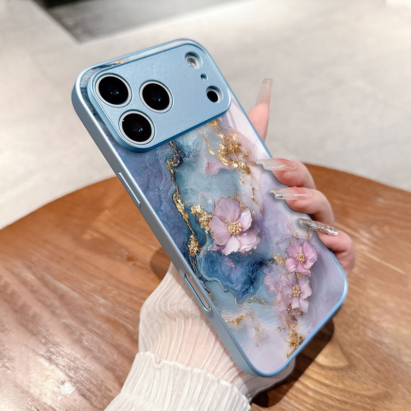 TEMU Étui téléphone : Élégant - Coque en verre motif marbre floral pour iPhone 17/17 Pro Max/17 Air/16 Pro Max/16E/15/14 Plus/13 Pro/12/11 Pro Max –