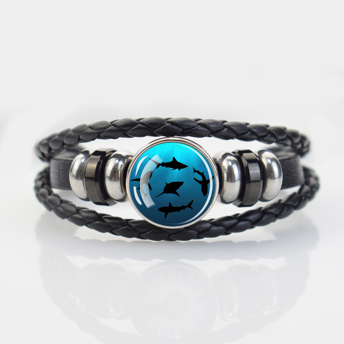 Ocean-Themed Black Braided Bracelet with Marine Animal Patterns