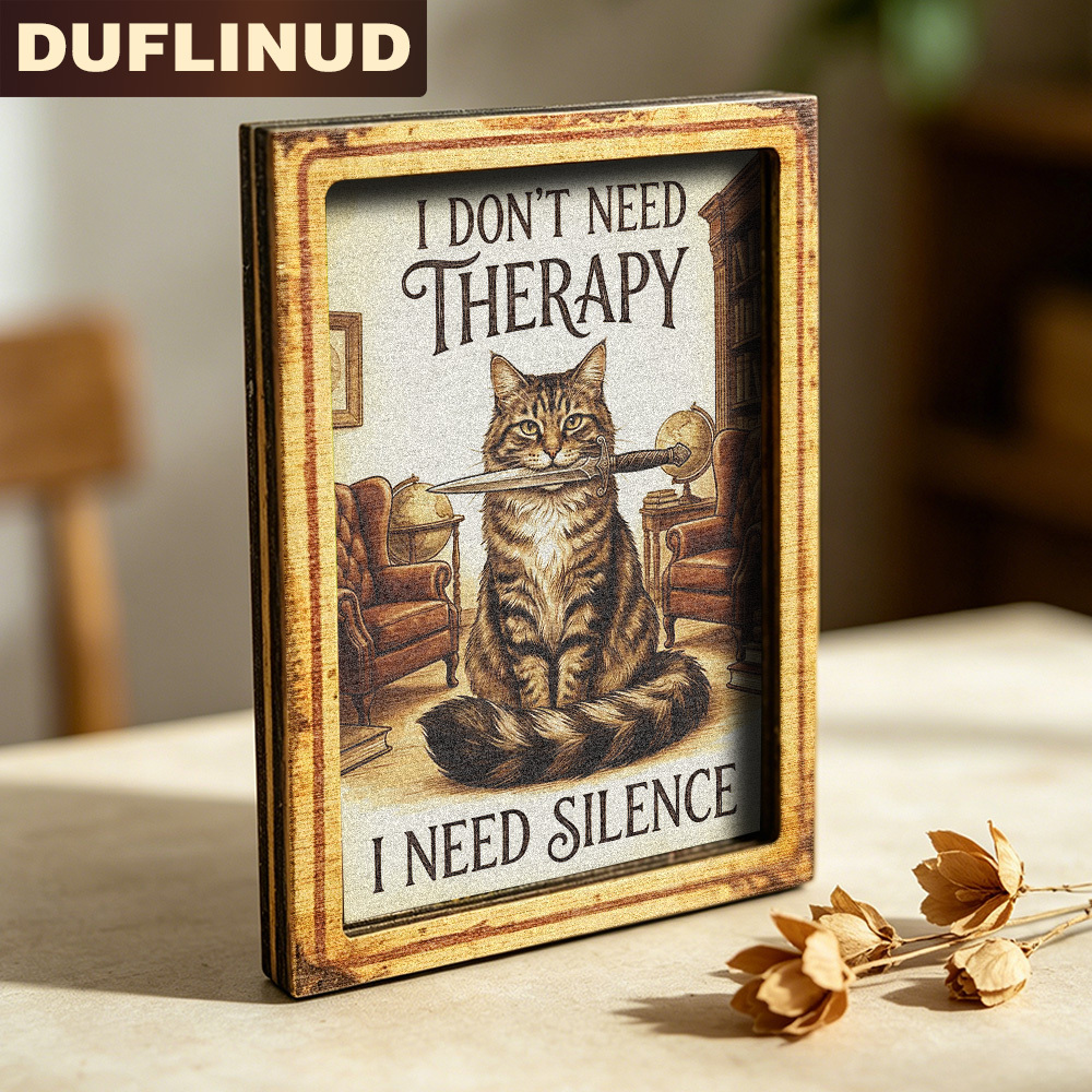 TEMU Fridge Magnet, Mini Decorative Plaque - Vintage Patterned Cat Holding A Sword Design, Printed With A "quiet" Slogan, Wooden Fridge Magnet,