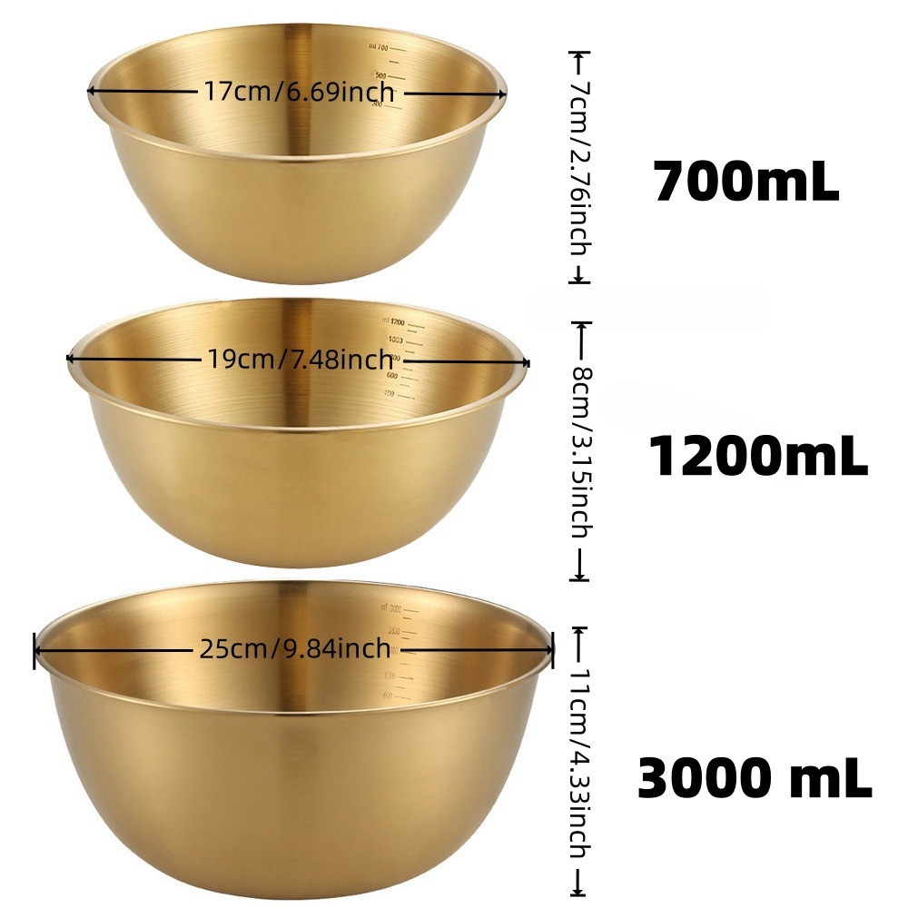 TEMU 3pcs Light Luxury Golden Stainless Steel Salad Bowls, Durable Thickened Cooking Bowls With Measuring Scales, Nesting, Kitchen Baking Mixing
