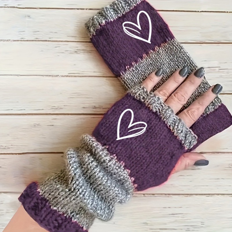 TEMU Gants chauds doigts Noël Halloween Nouveau motif Design 2026 Automne Hiver Bloc de couleurs Imprimé cœur d'automne Double cœur Broderie Bloc de
