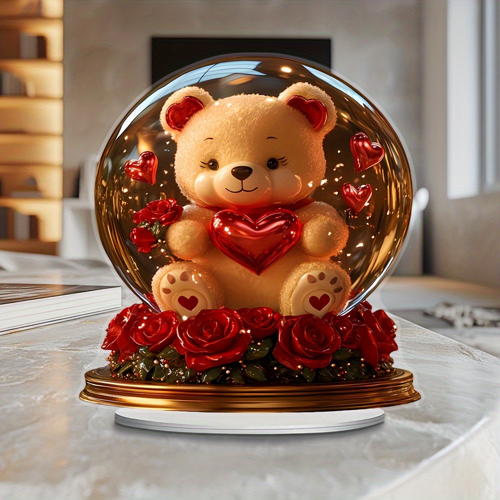 

2d Flat, 1pc Style Acrylic Teddy With Rose And - Tabletop Decorative Sign & Plaque For Living Room, Bedroom, Study - Multipurpose Home Decor For Valentine's Day