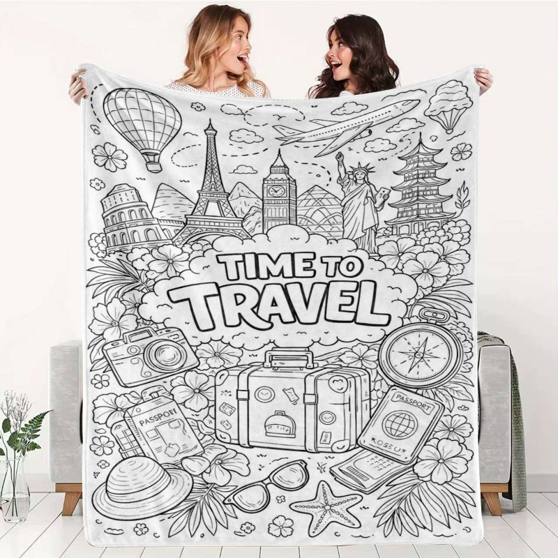 TEMU Flannel Travel-themed Coloring Blanket, Black And White Line-drawing World Pattern, Diy Colorable Air Conditioning Blanket, For Home , Blanket