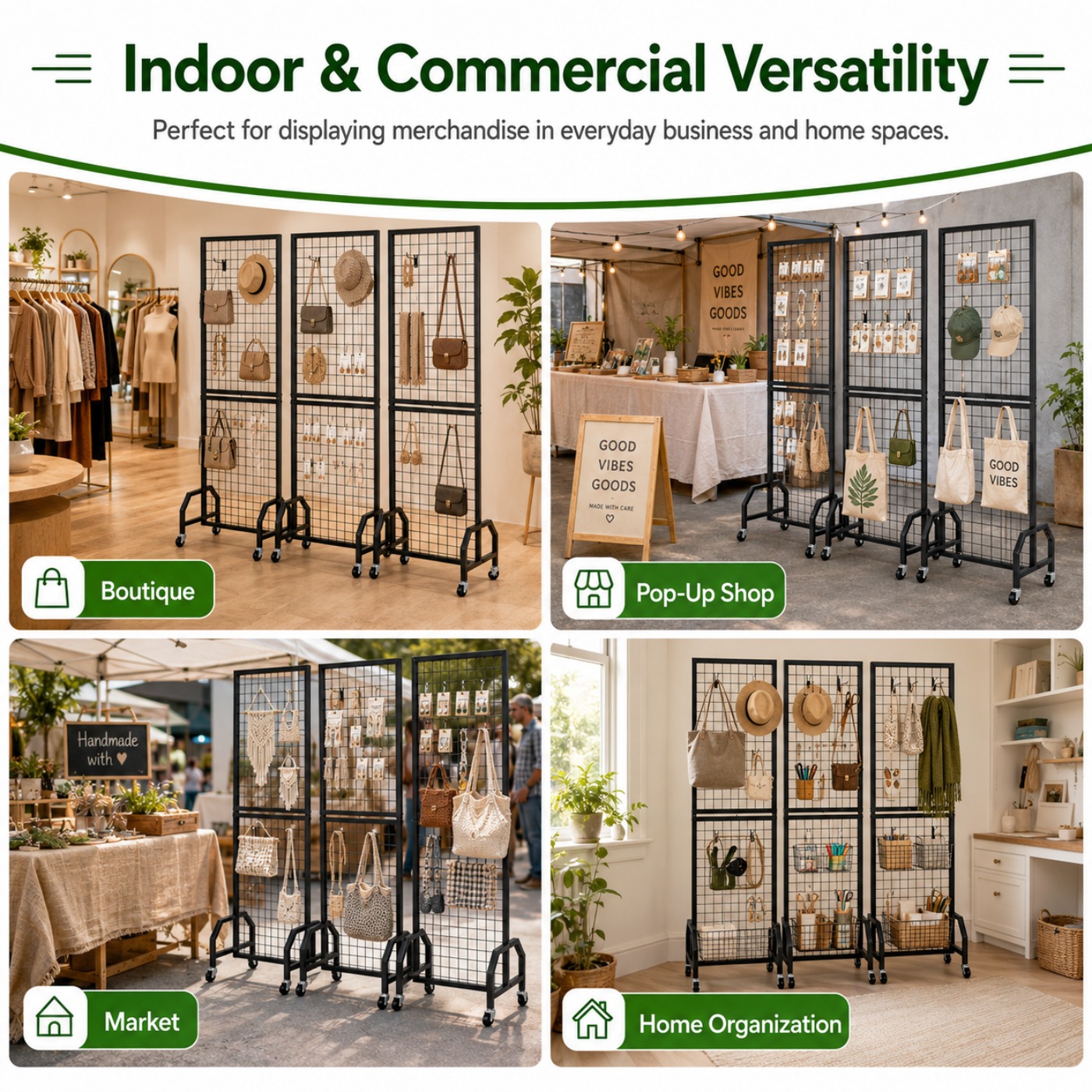 3-pack Stainless Steel Display Panels With Wheels, Freestanding Rolling Grid Wall Rack With 30 Hooks For Retail Store, Boutique, , And Craft Fair