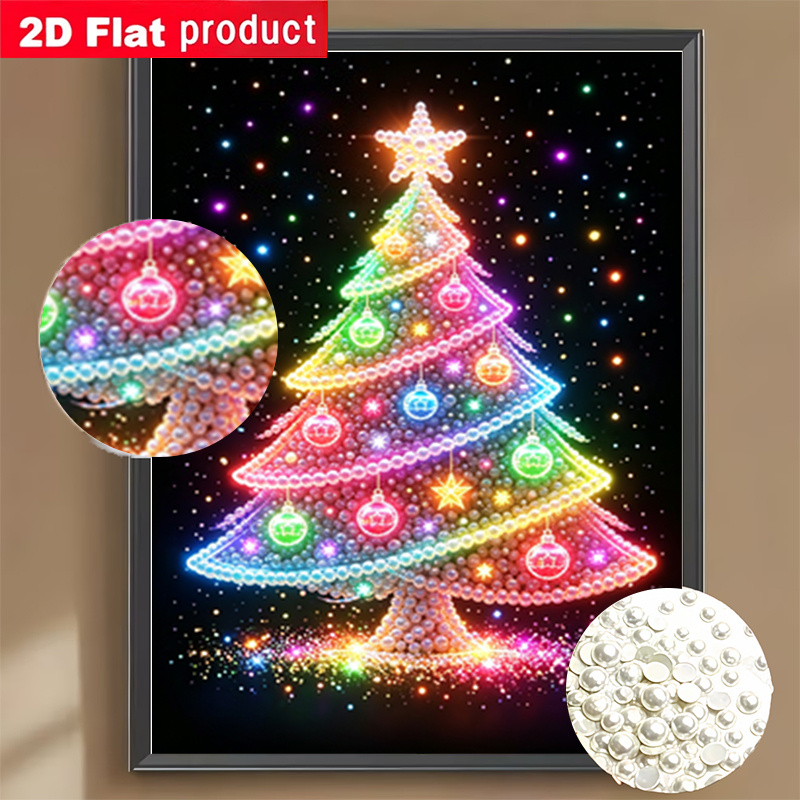 TEMU 2d/flat Neon Christmas Tree Diy Rhinestone Painting Kit With Tools And Pearl Drill Bag. A Great Item For Home/office Decor, A Creative Handmade