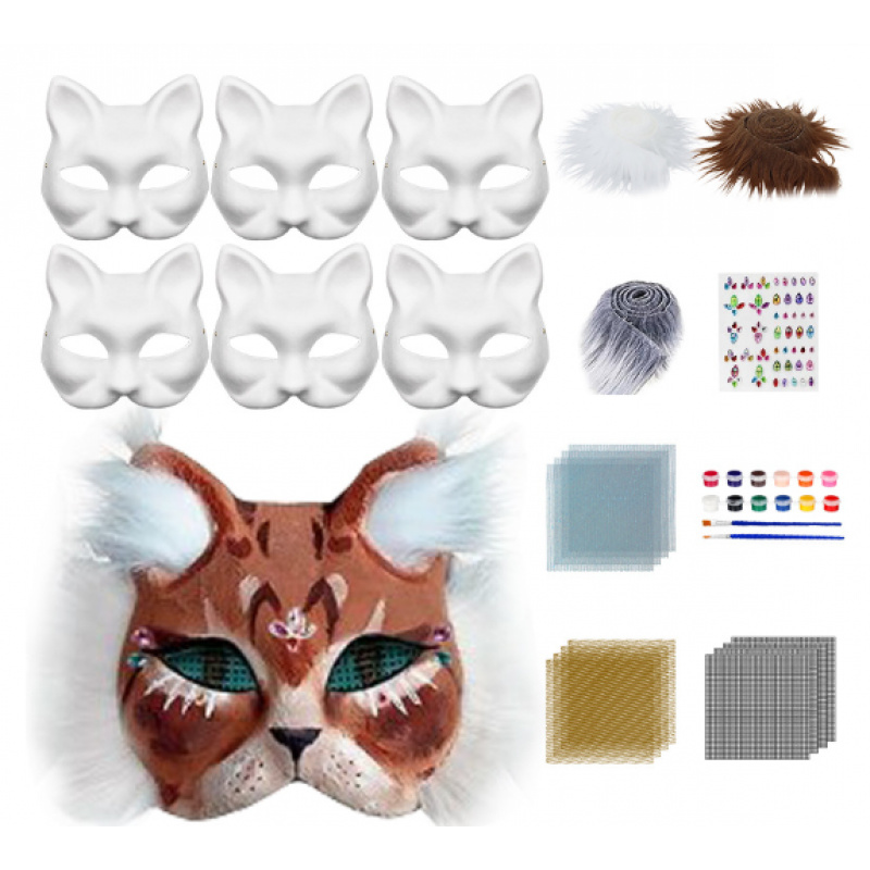 item picture cat masks for painting diy paper mask with   fur and eye mesh therian mask white half masks unpainted masks for halloween carnival masquerade party cosplay