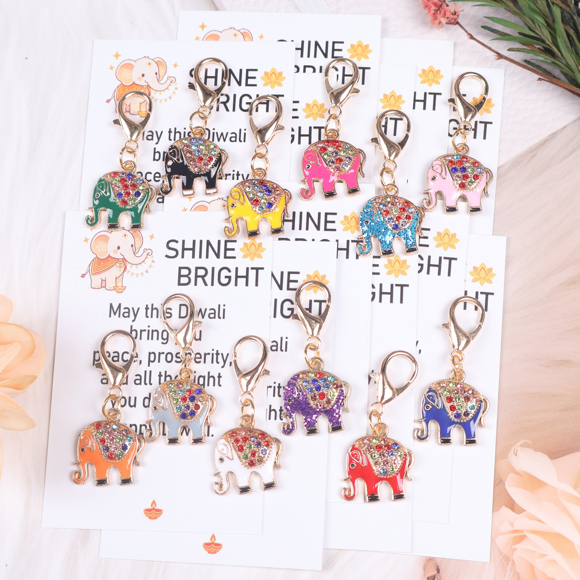 TEMU 12pcs Elephant Keychain Set With "happy Diwali" Pocket Hug Cards And Pocket Hug Gift Bags. Suitable For Diwali Gifts, Christmas Gifts, Holiday