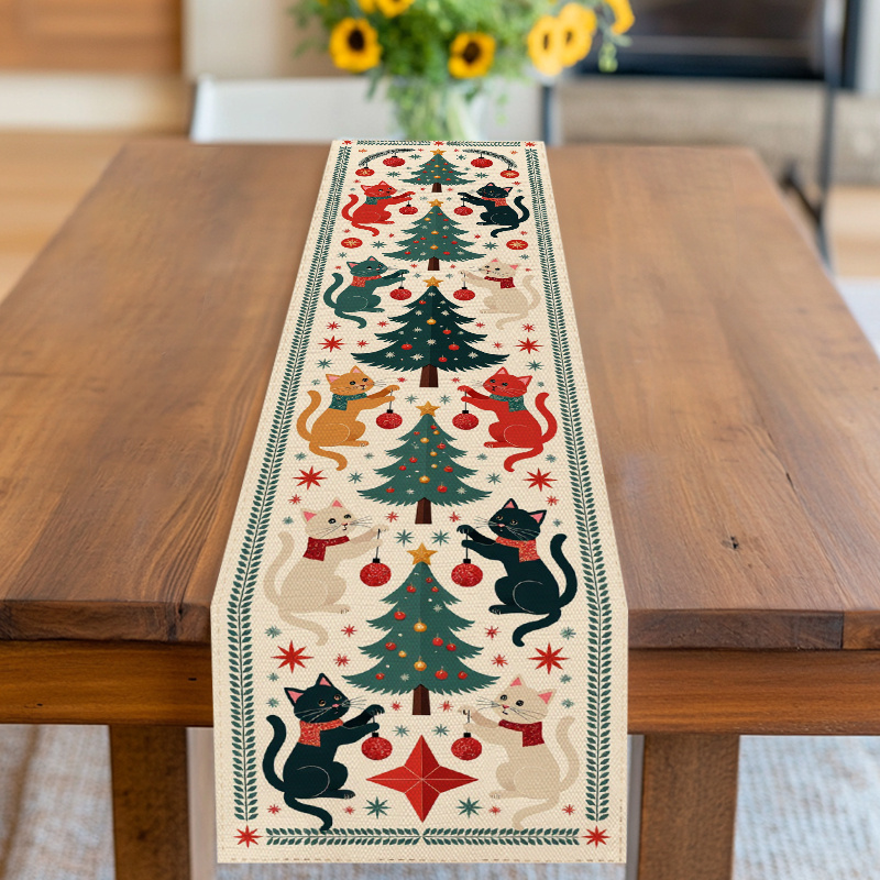 TEMU A Table Runner Featuring A Multicolored Cat And Christmas , Perfect For Occasions Like Christmas, New Year's, Parties, Picnics, Gatherings,
