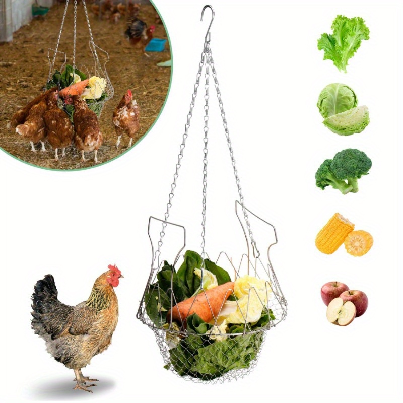 One Hanging Metal Feeder Basket Suitable for Chickens, Ducks, And Geese - Features a Foldable Design with a Chain for Holding Vegetables, Fruits, And Treats - Perfect for Small Animals