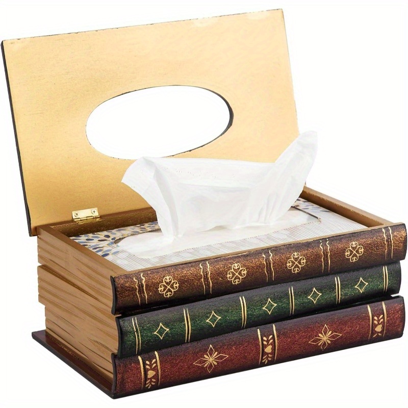   tissue box cover - antique rectangular tissue dispenser with golden-filled spine & ornate label design, durable decorative holder for bathroom, living room, office, kitchen - elegant   decor in brown/black/green/red/beige - compatible with standard tissues,   from durable material with golden-  spine & decorative endpapers, functional & stylish napkin holder for   settings Product details 2