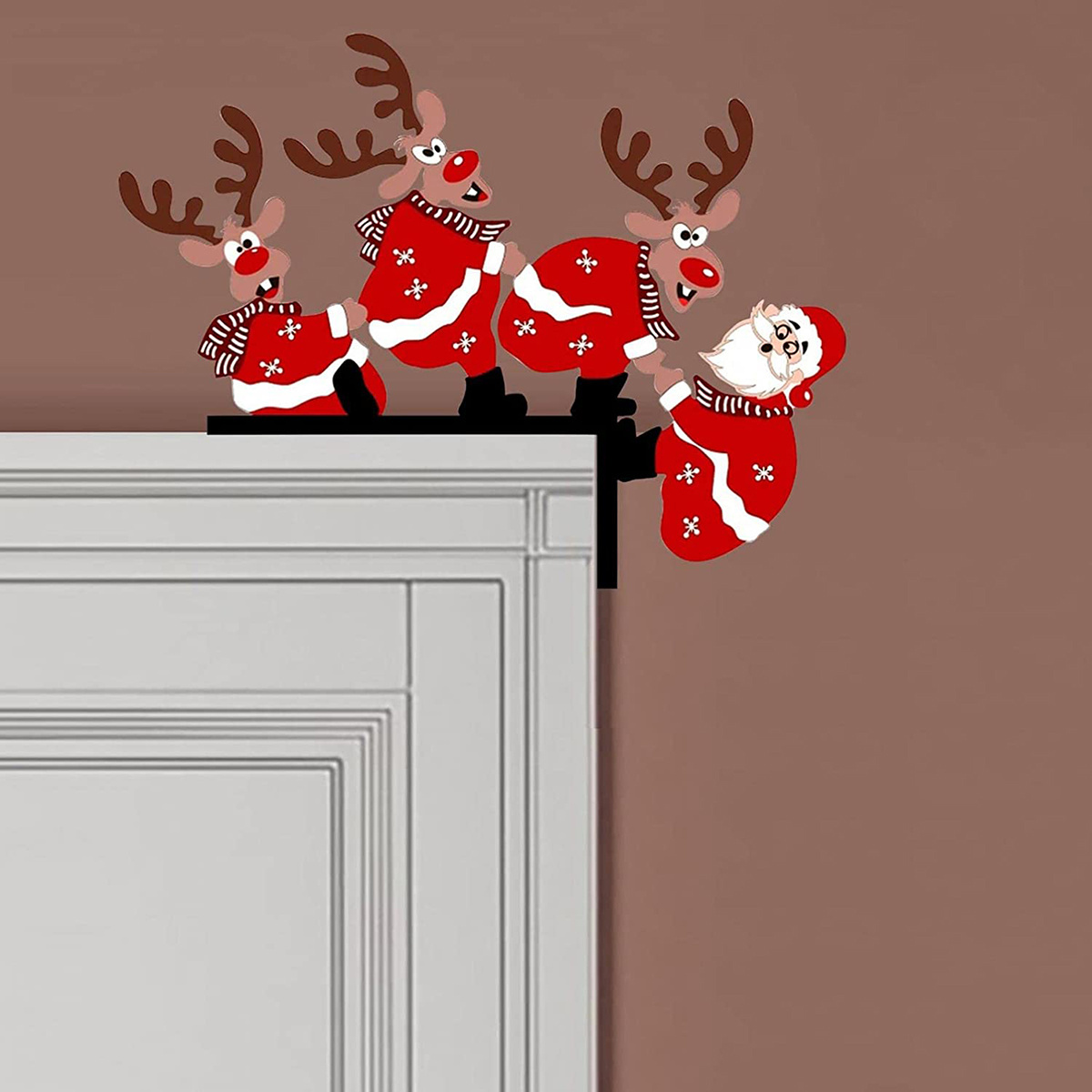 TEMU 2d Flat Acrylic Christmas Door Corner Decoration Sign, Featuring Santa Claus And Reindeer - Red And White Checkered Pattern, No Electricity