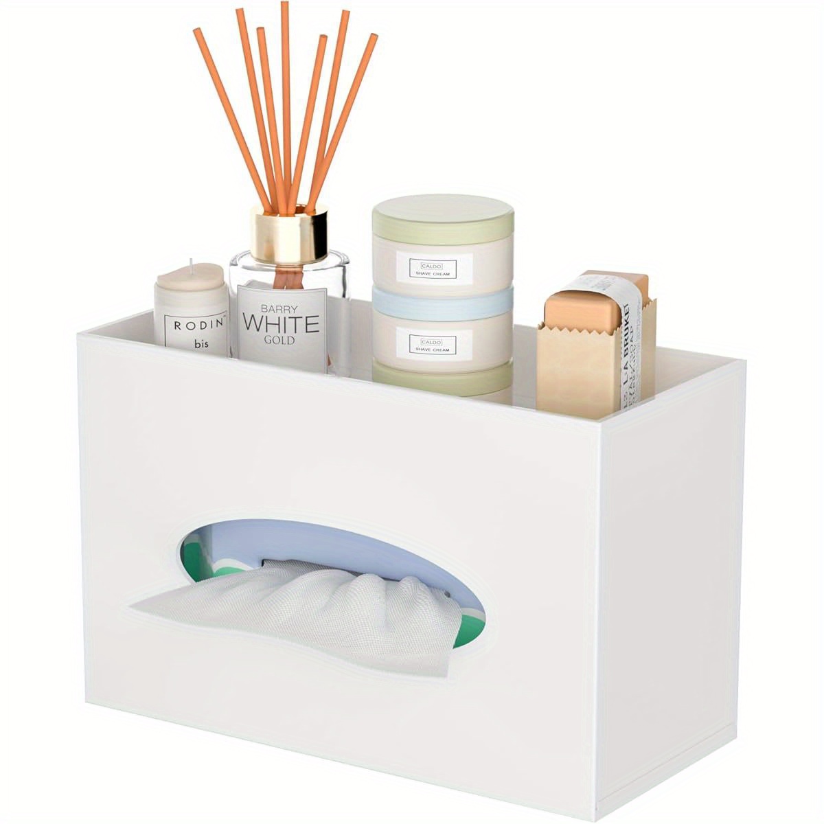 modern minimalist tissue box cover and dispenser with built in storage tray space saving organizer durable plastic construction for bathroom kitchen home office fits standard tissues 9 85x4 5x6 3 inches decorative countertop or under cabinet storage solution kitchen organizer   versatile organizer Product details 6