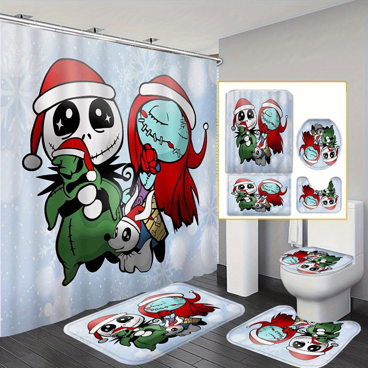 

Christmas 1/4pcs Decoration Shower Curtain Set 12 , Shower Curtain, Bath Mat, , U-shaped Rug, Bathroom Christmas Decorations Set