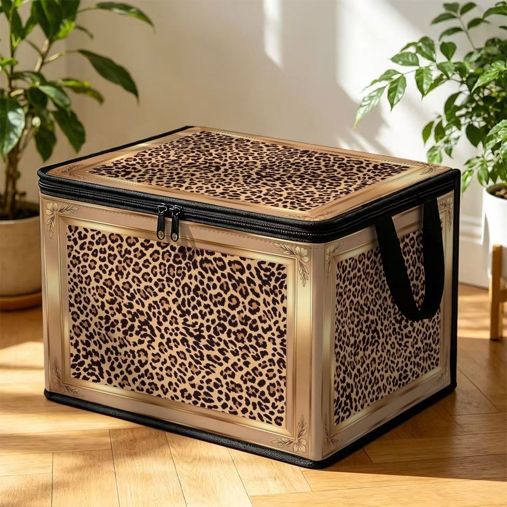 TEMU 1pc Leopard Print Storage Box, Featuring A Beautiful Golden Floral Border, Made Of Durable Large-sized Oxford Fabric Dust-proof And. In Sizes,