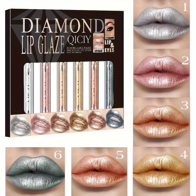 TEMU 6pcs 6-color Metal Full-glitter Liquid Eye Shadow And Lipstick Set- Waterproof Long-lasting Shiny Lip Gloss Eye Shadow, -one Eye Shadow And