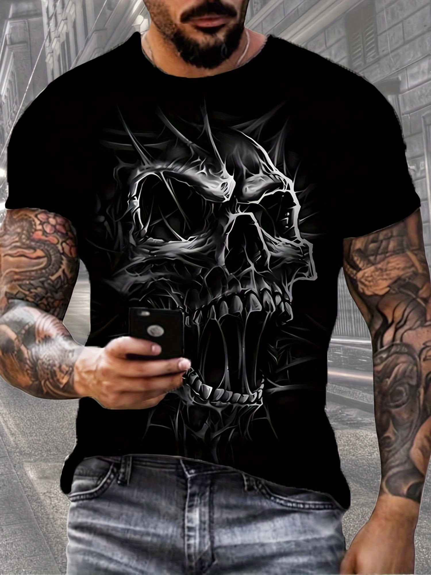 Men's Edgy 3D Skull Print T-Shirt- Black Crew Neck Short Sleeve Top,, Machine Washable, Summer Fashion, Daily Comfort| Edgy Casual Wear| Elastic Fabric, Plus Size