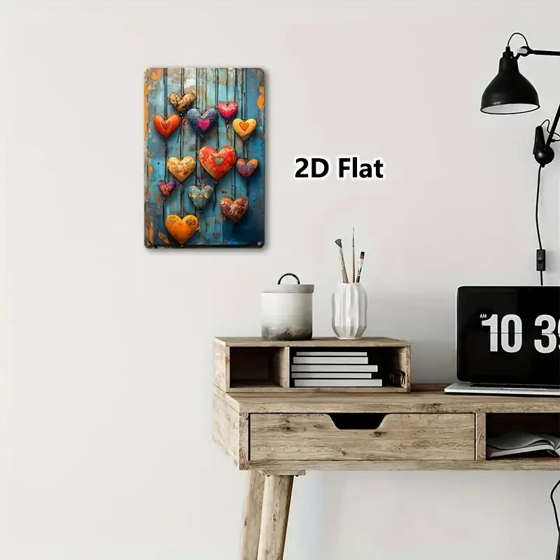 Image of 2d Flat, Vintage Heart-shaped Metal Wall Art Sign - 8"x12" Rustic Iron Decor With Colorful Heart Designs, Perfect For Home, Kitchen, Patio, Or Farmhouse, Metal Wall Art Decor
