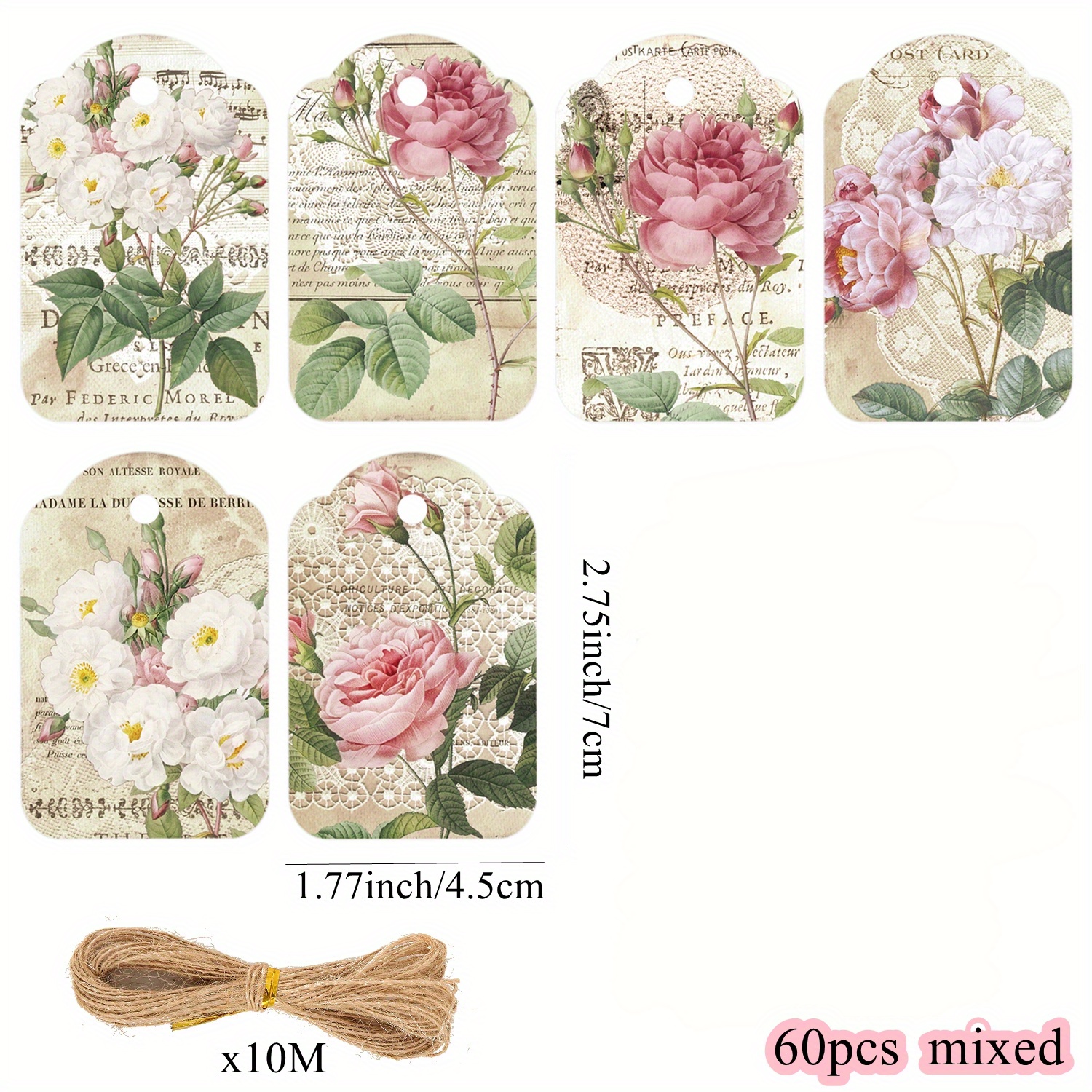 TEMU ฉลากแขวนลายดอกไม้สไตล์เรโทร 60 ชิ้น ลายดอกกุหลาบและดอกพีญอยูสุดน่ารัก เหมาะสำหรับตกแต่งงานแต่งงาน, วันเกิด, และ Junk Journals