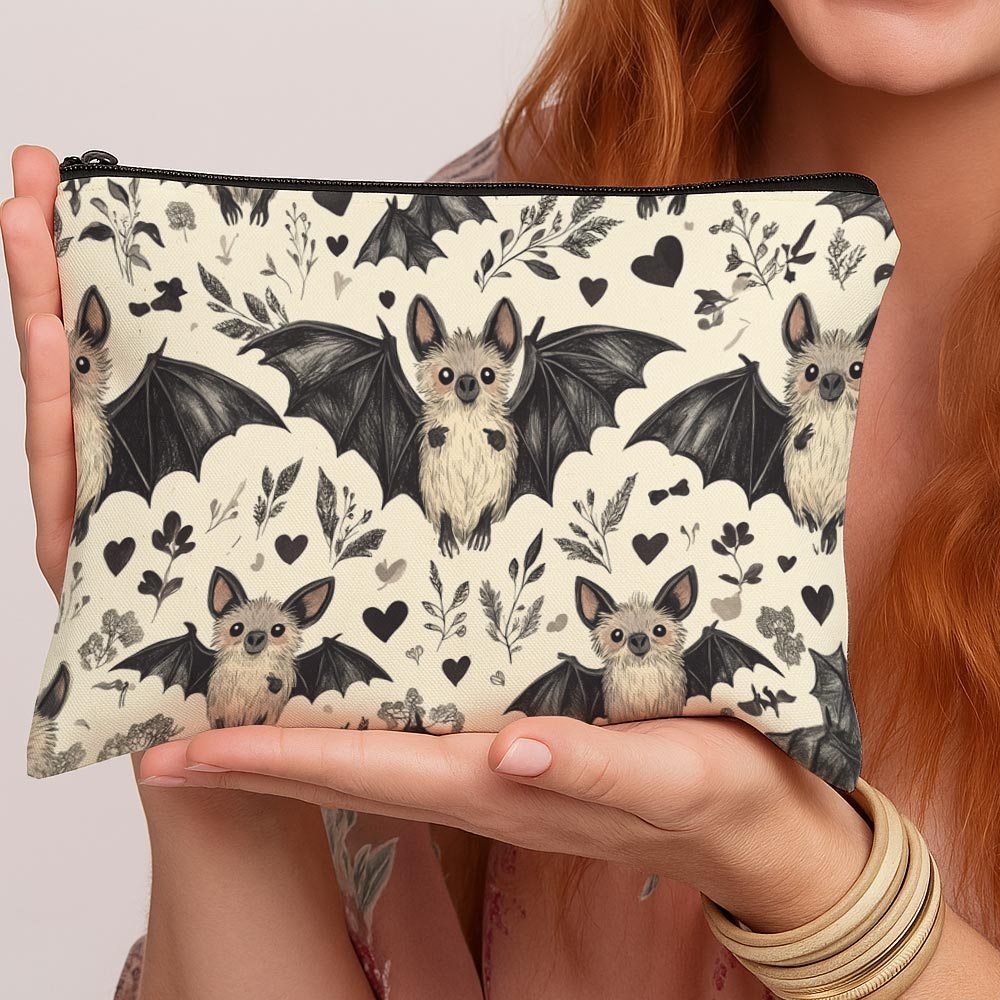 TEMU . Entzückende Gothic - Fledermaus Design Lustige Make-up Tasche - Reißverschluss Mehrzweck Reise Kulturbeutel Organizer mit Blumenmuster,