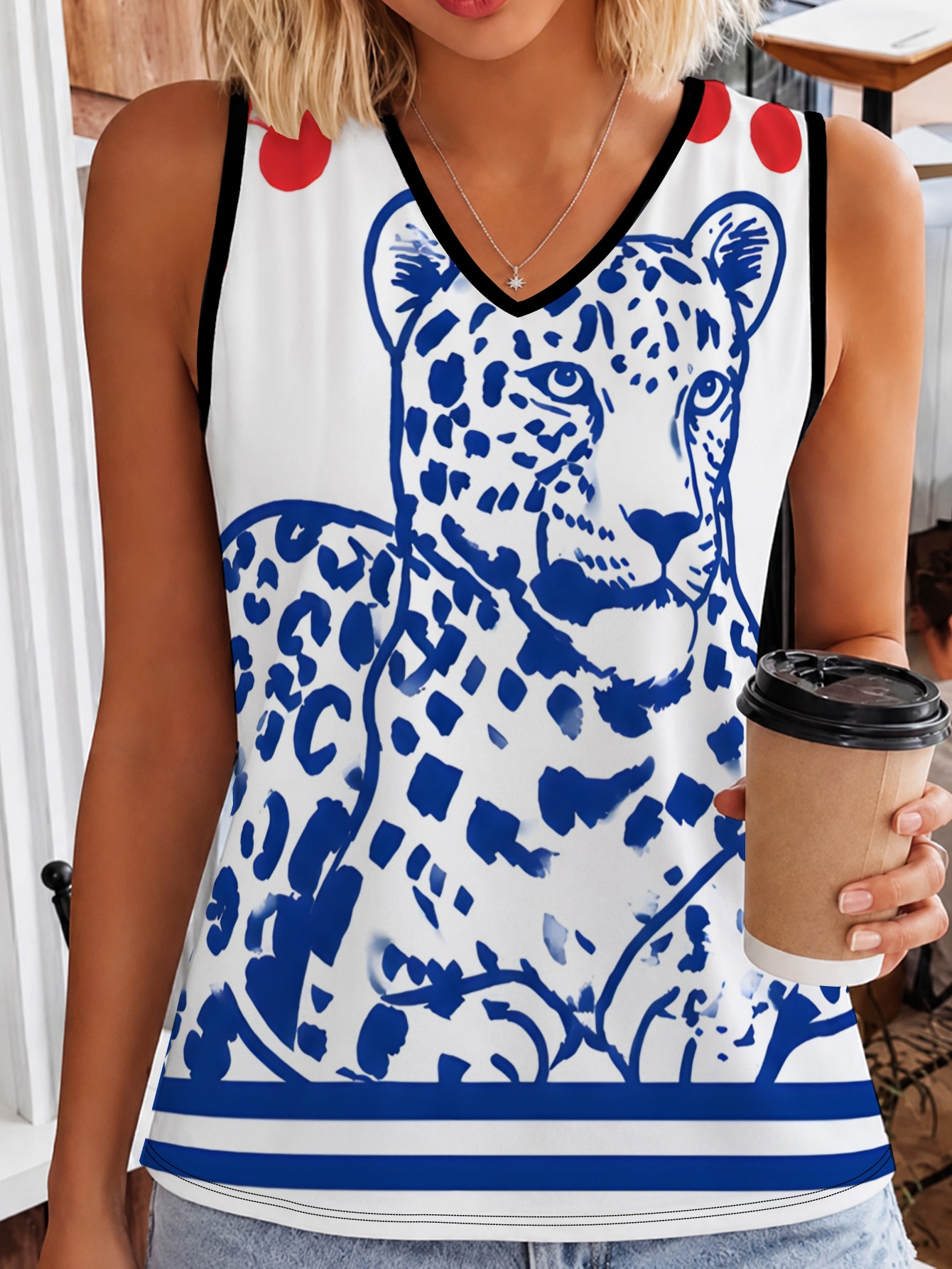 Canotta da donna con scollo a V, stampa digitale all-over alla moda con motivo a bacche e leopardo blu e taglie etichettate