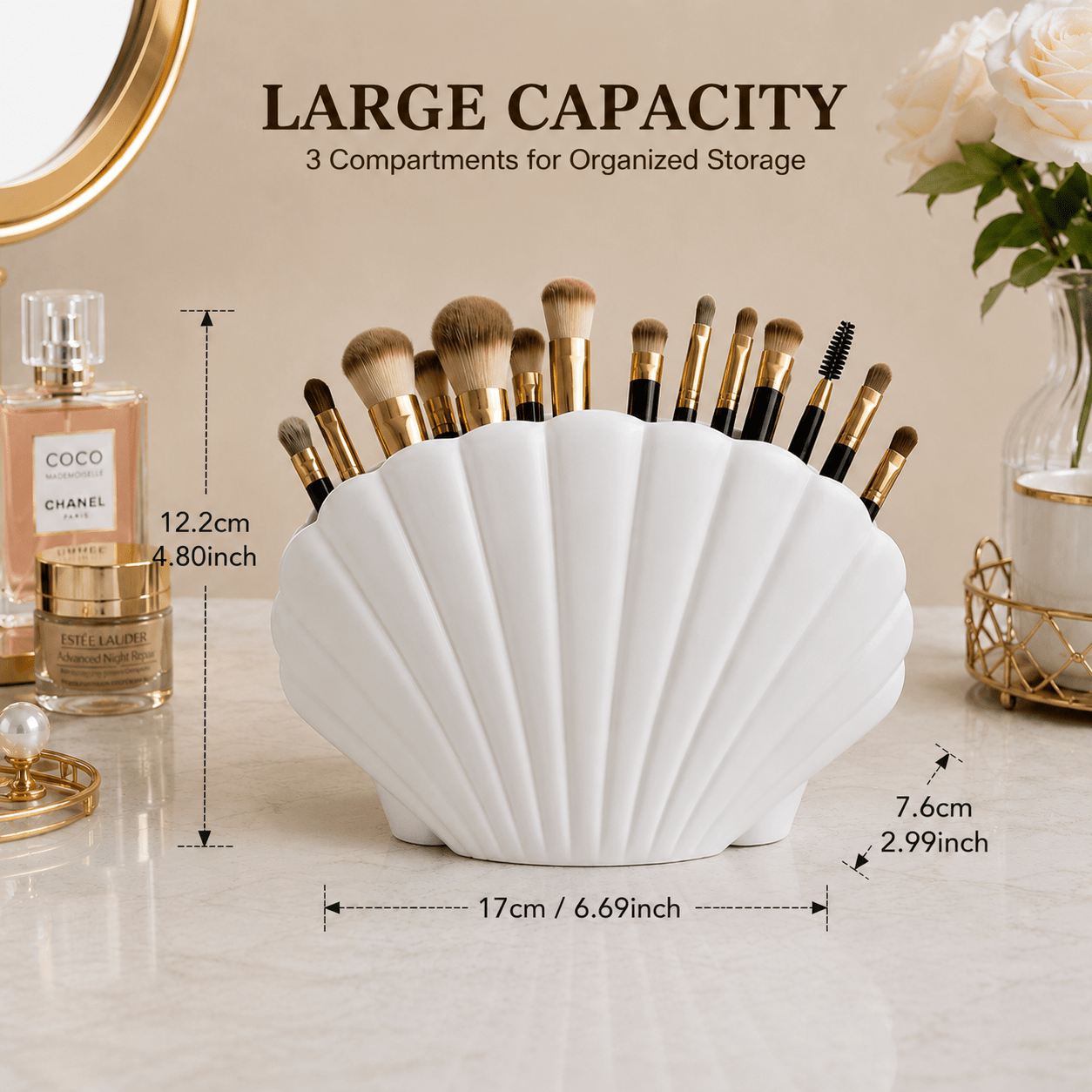 TEMU Luxury 3-compartment Seashell Makeup Organizer Countertop, Aesthetic Vanity Organizer, Decorative Makeup Brush Holder, Bathroom Counter