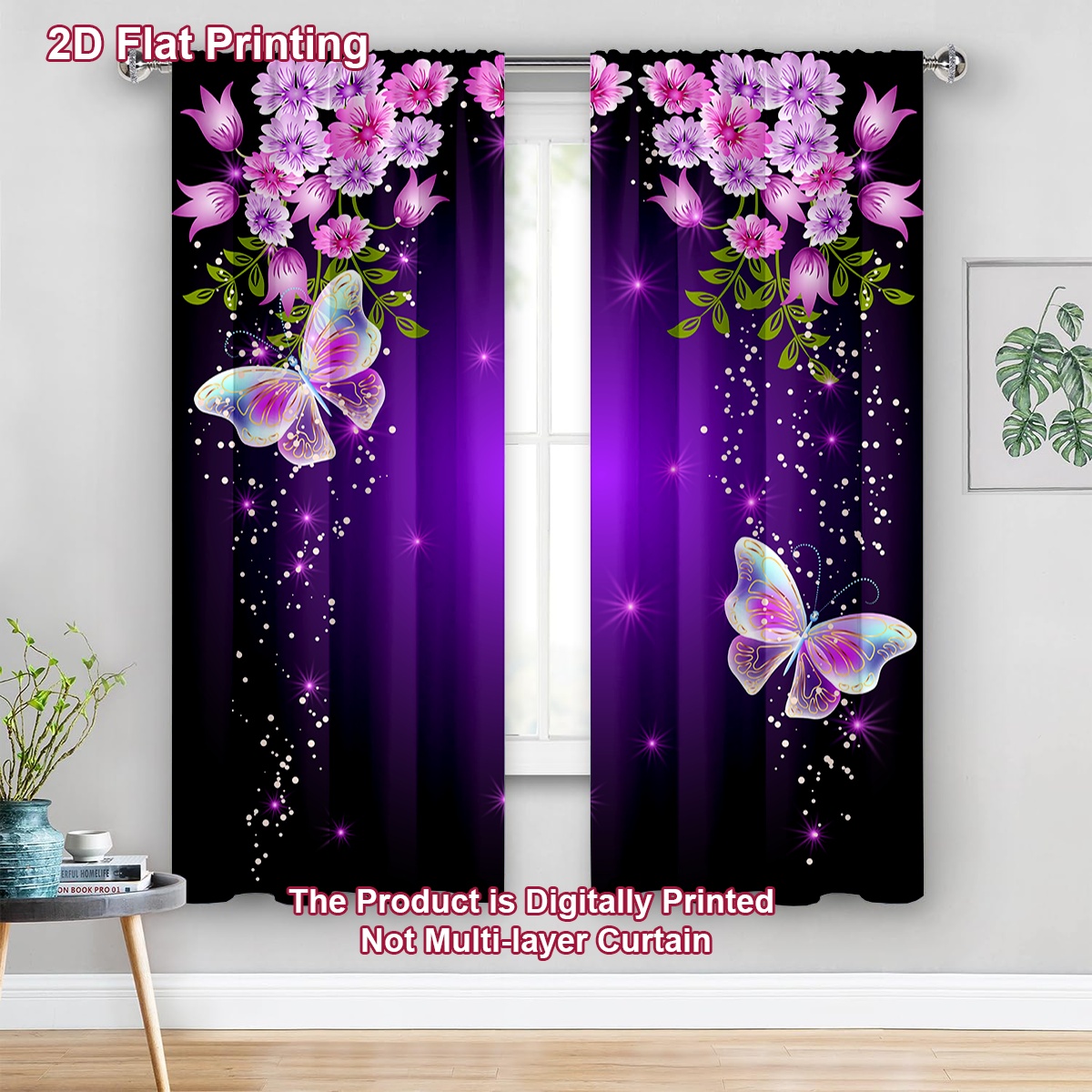 TEMU 2pcs Set Of Purple Floral Print Door Curtains, Decorative Curtains, Lightweight And Breathable, Suitable For Comfortable Bedrooms, Stylish