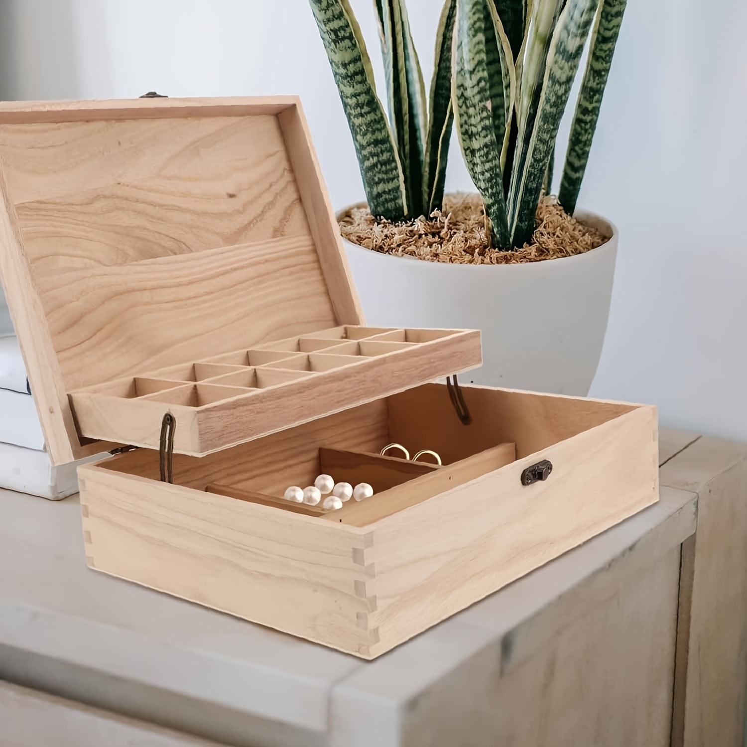 TEMU 1 de Joyería con Pestillo DIY en Madera - Estilo , Sin Teñir para Almacenar Anillos, Aretes, Collares o Relojes – Multicompartimentada como