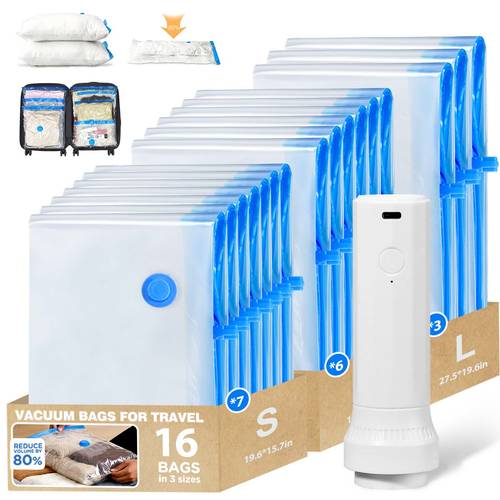 16pcs vacuum storage bags with electric pump rechargeable 4000pa suction vacuum seal storage bags vacuum compression bags space saver vacuum bags for travel bedding pillows quilts blankets