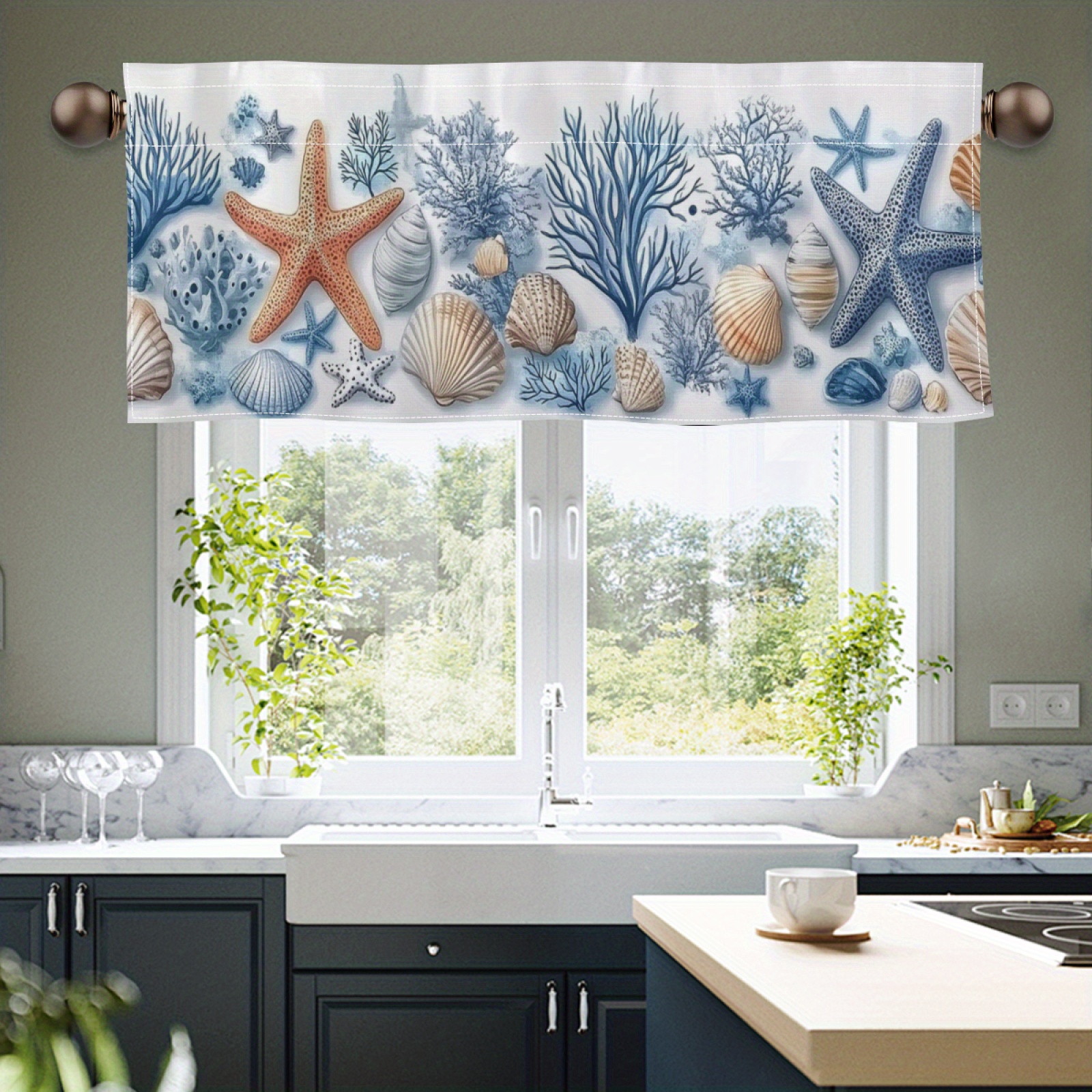 

1pc Shells Starfish Coral Window Valance, Farmhouse Style, Polyester Rod Pocket Curtain, Modern Print, Hand Wash Only, Semi-transparent, For Living Room Kitchen Decor