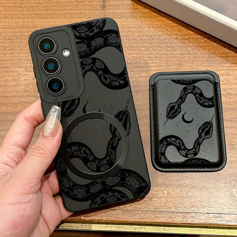 TEMU Phone Case - Premium Fashion Innovative Shock-resistant Black Snake Design Magnetic Phone Case & Luxurious Creative Faux Leather Magnetic Card