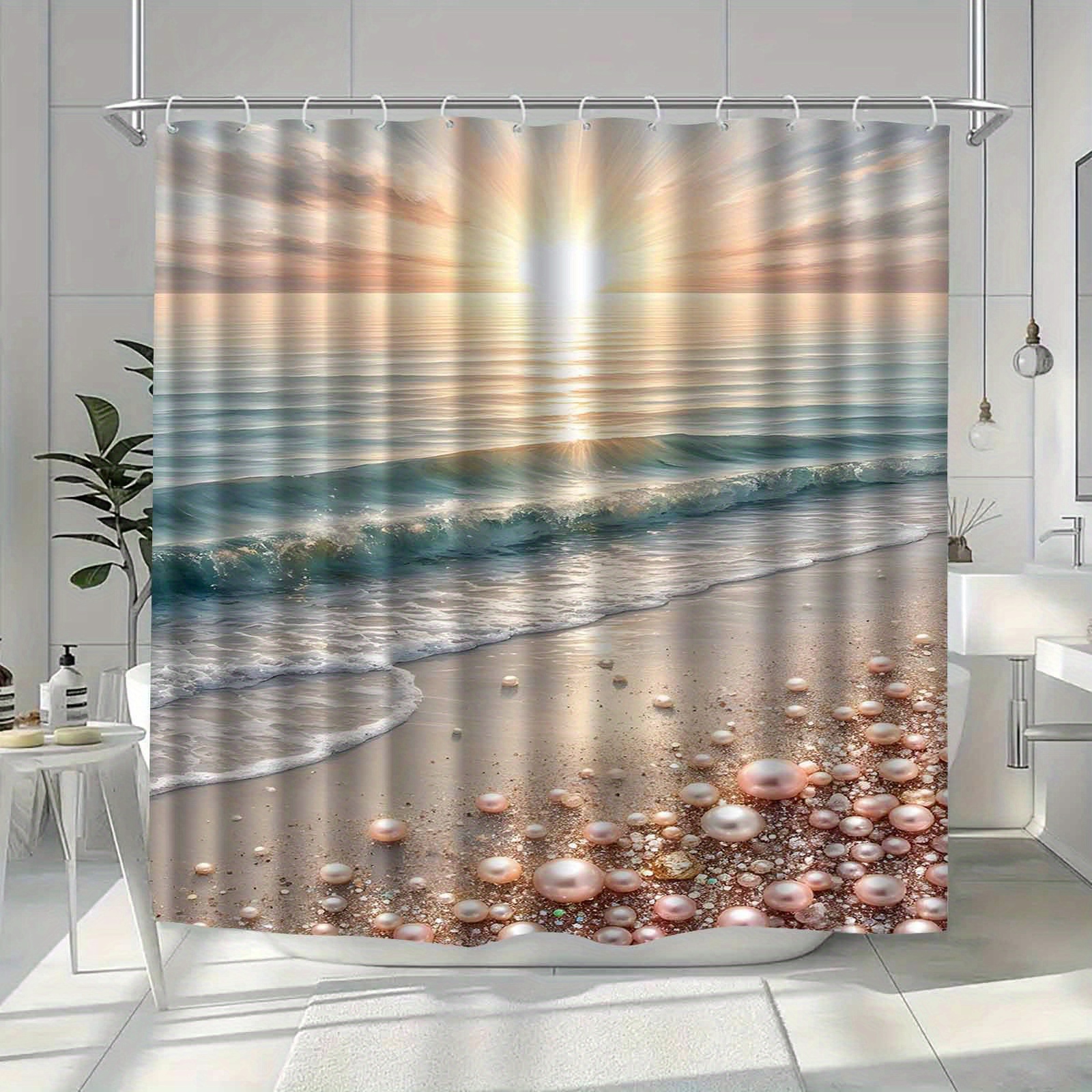TEMU 1pc Coastal Bathroom Shower Curtain - Elegant Beach Ocean Waves & Pearl Accents In Blue, Golden, Beige - Machine Washable Polyester Bath Decor