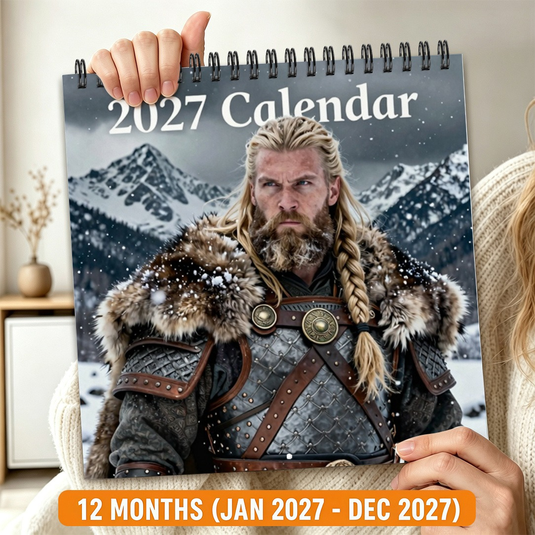 TEMU 1pc Viking Desk Calendar 2027 Spiral Bound Wall Planner With Monthly Tabs - Nordic Design Suitable For Office,, Travel, Christmas Gifts, Viking