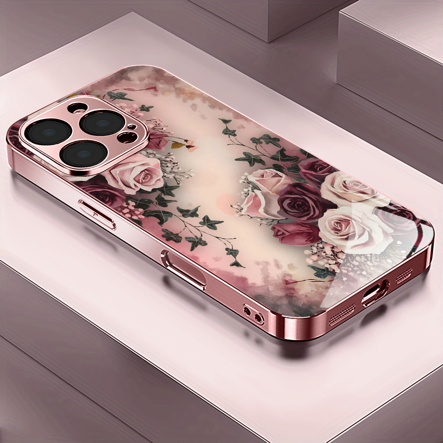 TEMU Phone Case - Floral Pattern Rose Golden/electroplated Pink Phone Case Cover For Iphone 17/17 Pro/17 Air/17 Pro Max/16/16 Pro/16 Plus/16 Pro Max/