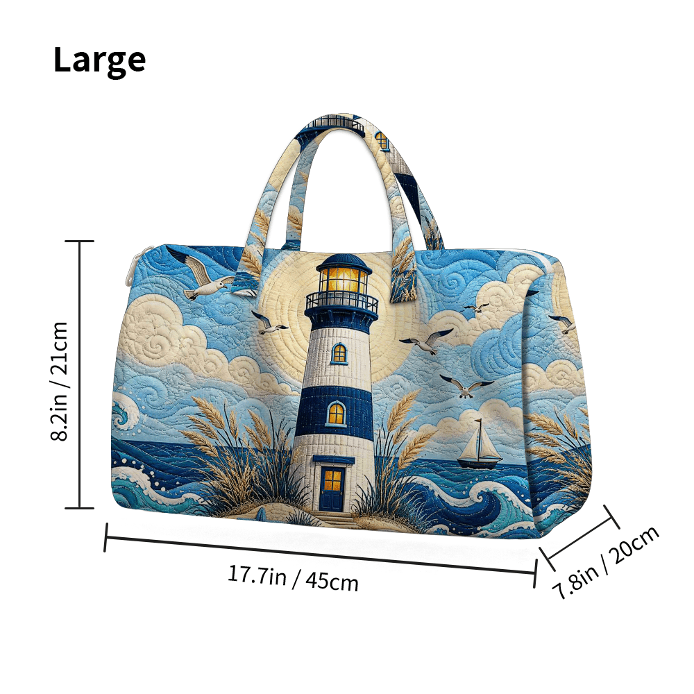 Image of Vintage Coastal Lighthouse, Sailboat, And Embroidered Quilted Handbag, Large-capacity Summer Seaside Short-trip Travel Bag