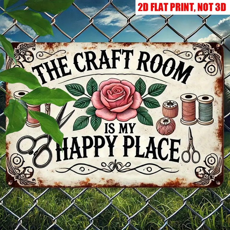 TEMU 2d Flat, 2d Flat Vintage Crafting Plaque - Room Is Metal Wall Decor - 20x30cm/8x12inch Sign With Scissors - No Wiring Needed - Gift For Crochet