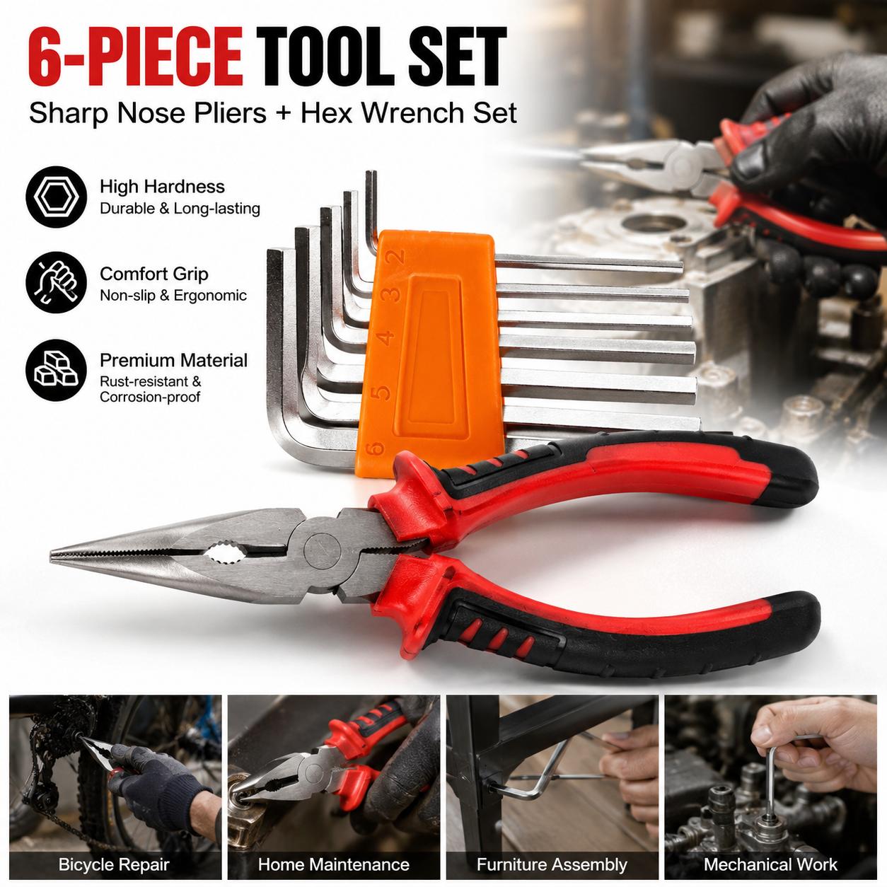 TEMU 6pcs Industrial-grade Chrome-vanadium Steel Multi-tool Plier Set, Including 1 6inch Needle-nose Plier, 5 Hex Wrenches, Non-slip Durable Iron