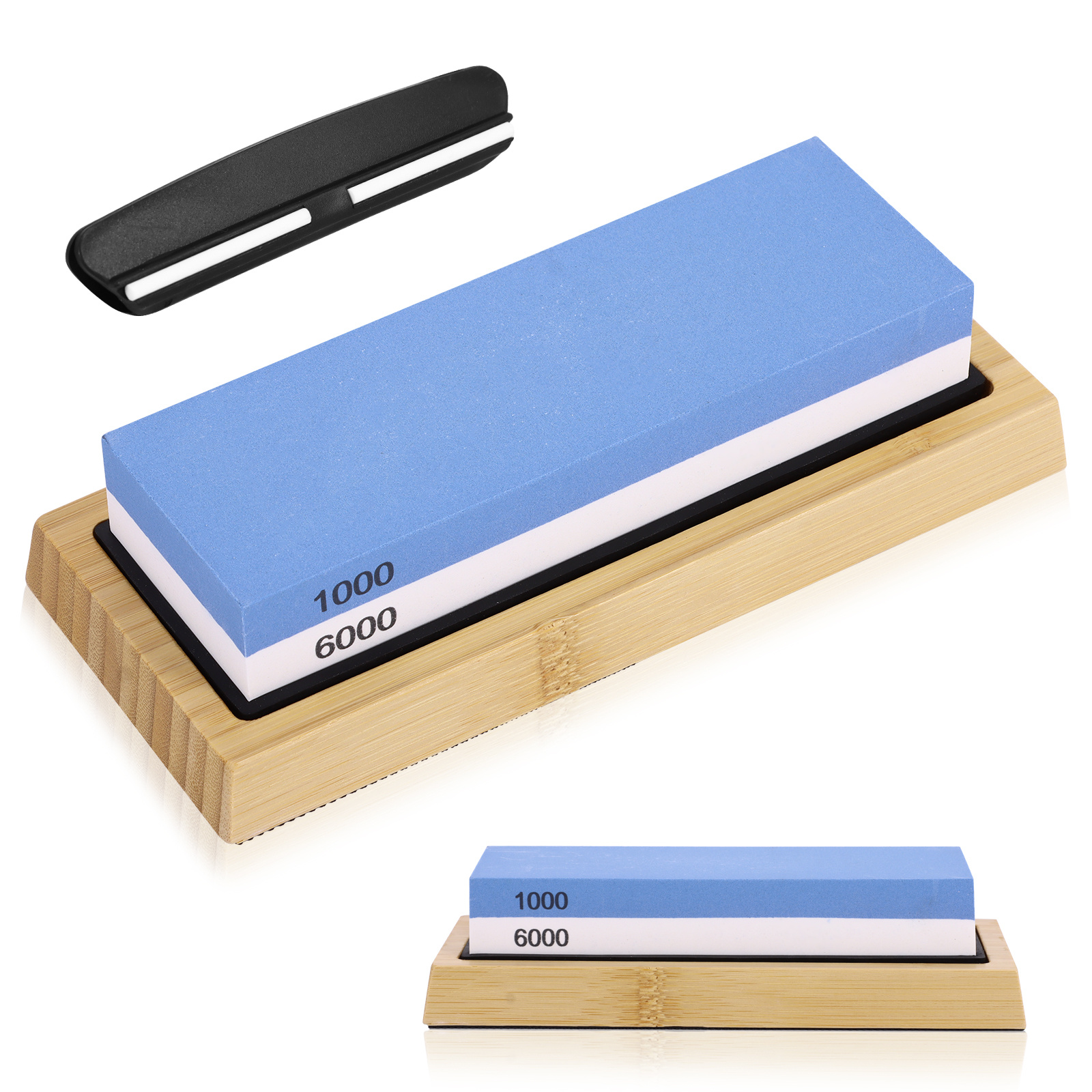 Image of Sharpening Stone For Knives - 1000/6000 Grit Whetstone, Includes A Non-slip Base | Top Wet Stone | Bamboo Base With Non-slip Feature & Angle Guide