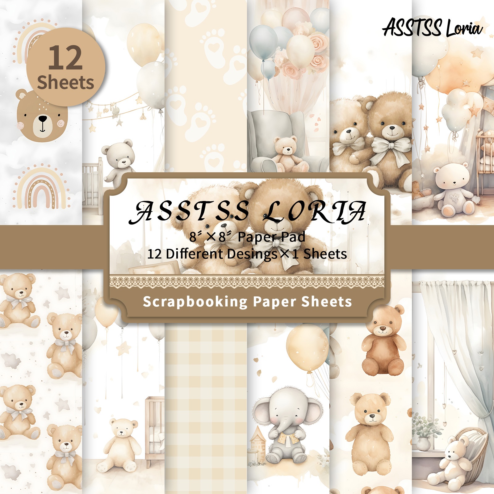 TEMU Lot de 12 feuilles de papier scrapbooking ASSTSS Loria 8X8 pouces, papier de base série bébé , papier cartonné épais pour journaling, art de