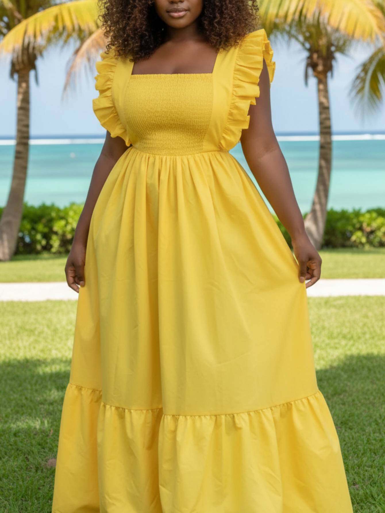 Plus Size, Plus-size Square-neck Small Flutter Sleeve Gathered Waist Large Flare Long Dress for Women