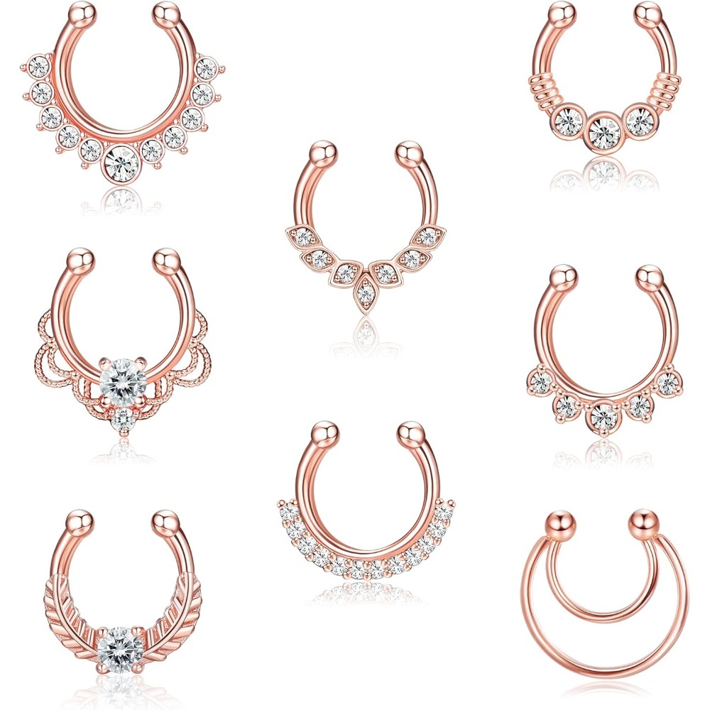 Image of 8pcs Fake Septum Nose Rings | Cz Faux Septum Piercing Non Pierced Clip On Hoop Ring Clicker For Women And Men | Copper With Synthetic Zirconia, For Party And Vacation, Brand: Milacolato