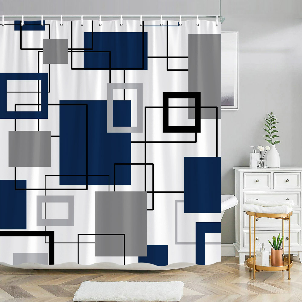 TEMU 2d Flat, 1pc Haroloen Modern Shower Curtain With Abstract Geometric Grid Pattern - Gray Blue Black Overlapping Squares & Rectangles Design,