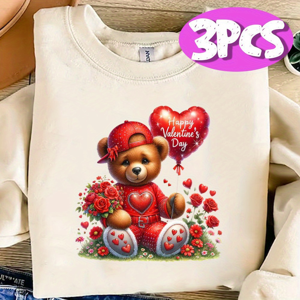 

3pcs Valentine's Day Teddy Bear Iron-on Heat Transfer Vinyl Decals, Washable And Diy Fashion Transfers For T-shirts, Masks, And Backpacks