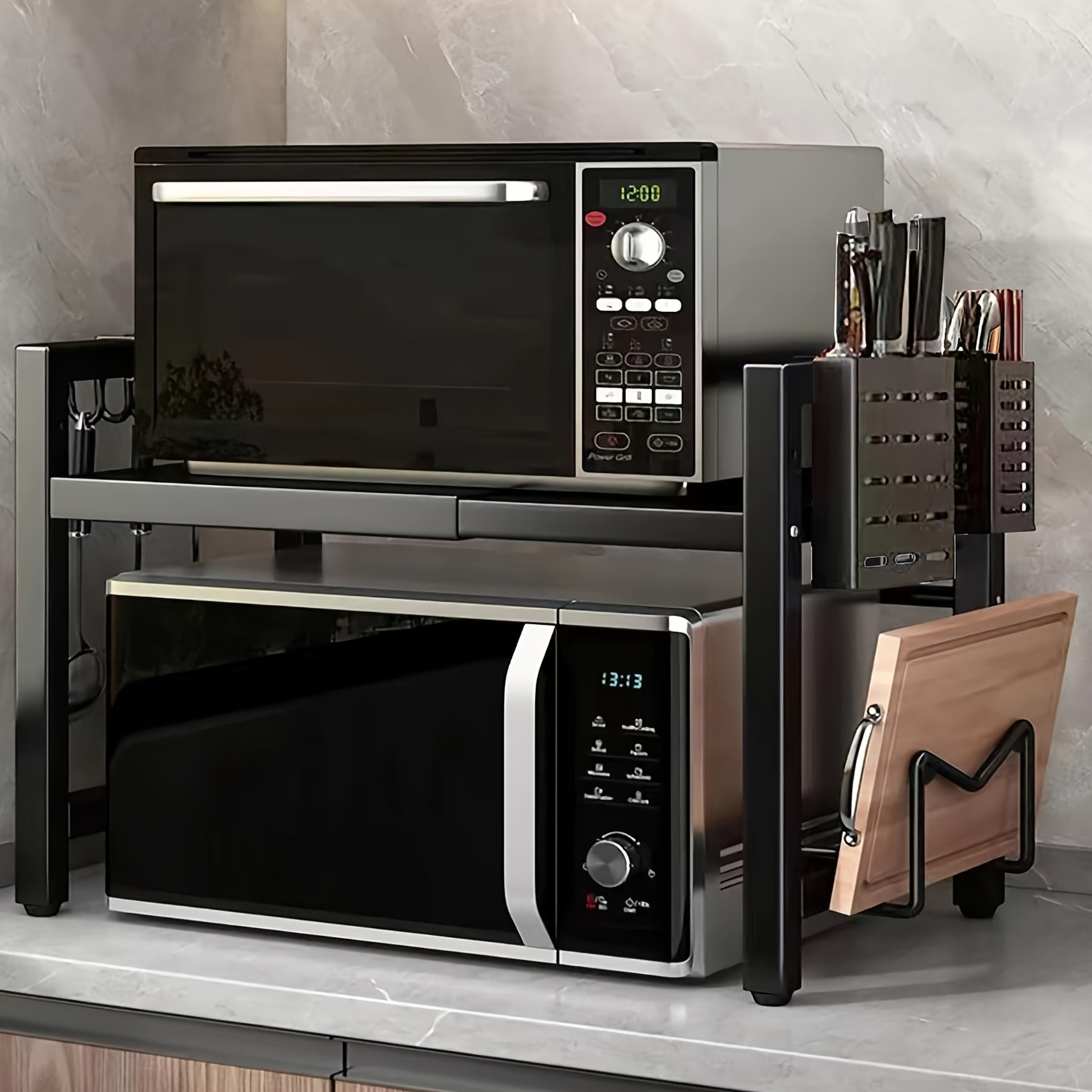 heavy duty retractable microwave stand expandable microwave bracket with storage shelf 6 hooks chopstick cutting board holder adjustable space saving freestanding shelf suitable for kitchen countertops microwave rack
