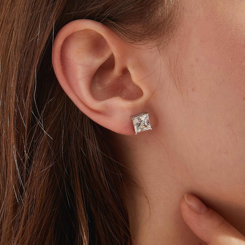 Women's 925 Silver Square Earrings with Princess Cut Design, Elegant Gift
