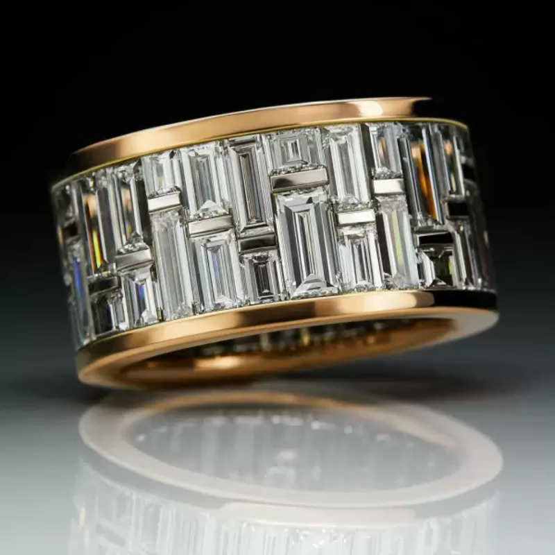 Image of Luxury Golden Eternal Ring Jewelry Inlay Shiny Synthetic Zirconia 2 Tone Wide Ring For Women Men Daily Casual Party Vintage Ring Engagement Wedding Promise Ring Anniversary Gifts