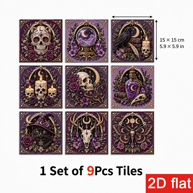 TEMU 2D Plat 9- 15x15cm (5.9x5.9in) Leistenen Tegelstickers Moderne Plak-en-Klap Muurtegels met op Halloween Geïnspireerde Motieven van Doodshoofd,